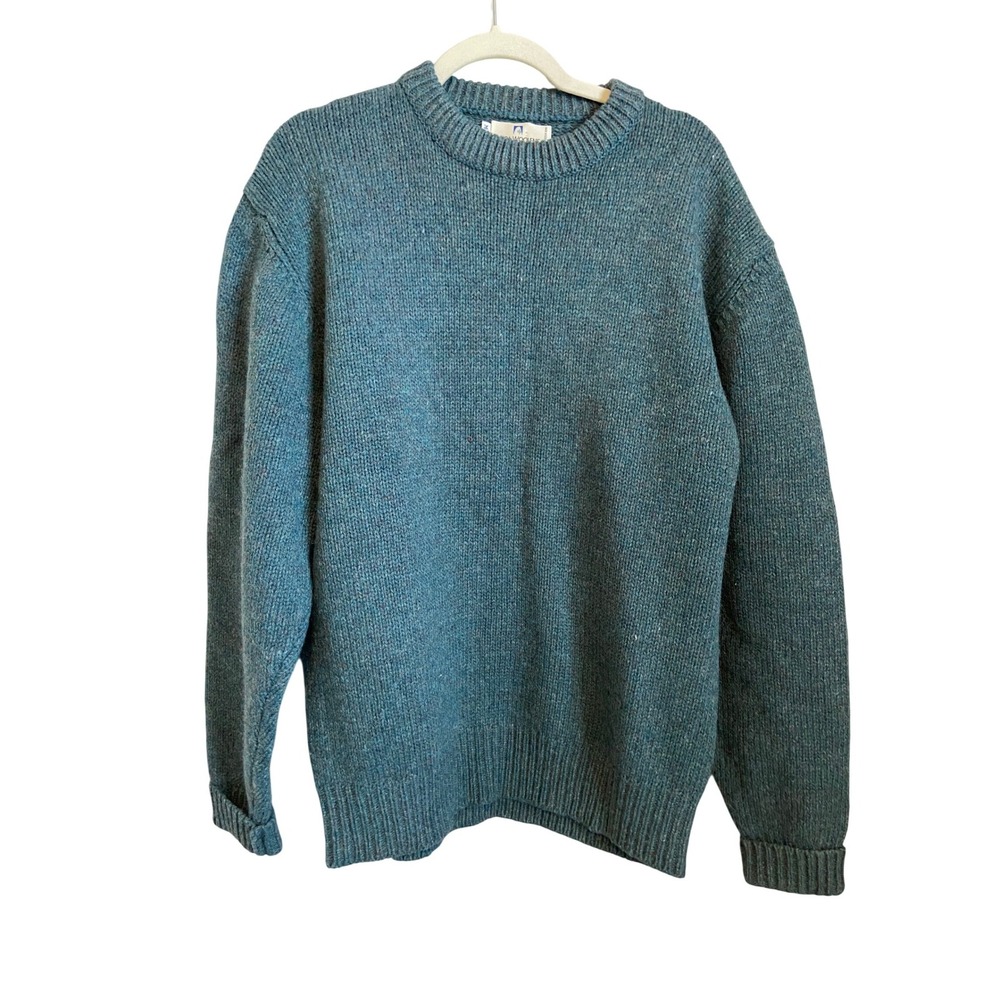 Sierra Woolens Mens Shetland Wool Sweater Teal Blue Crew Neck Vintage Size M L